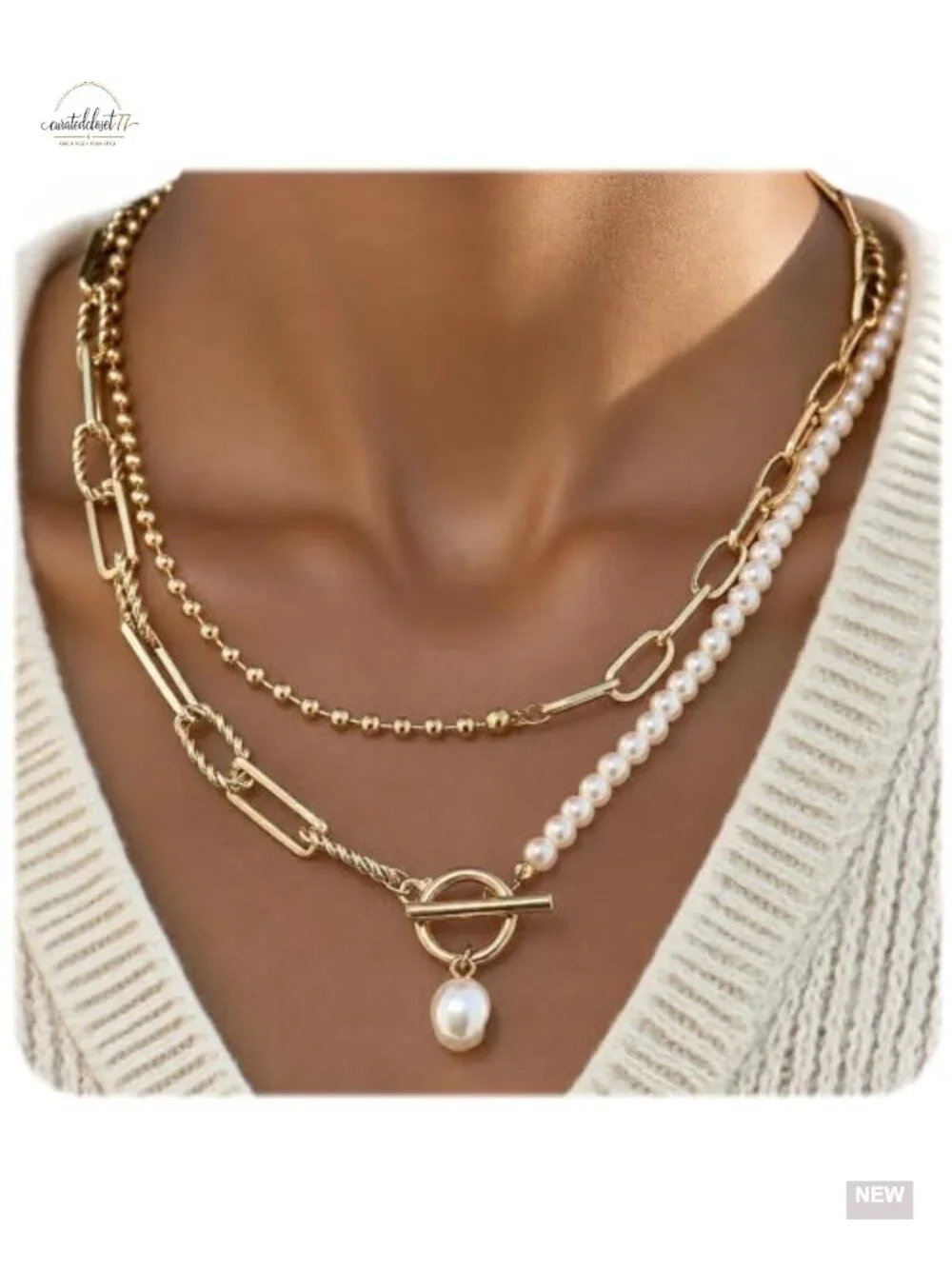 14K Gold Plated Pearl Link Toggle Clasp Stackable Layered Necklace